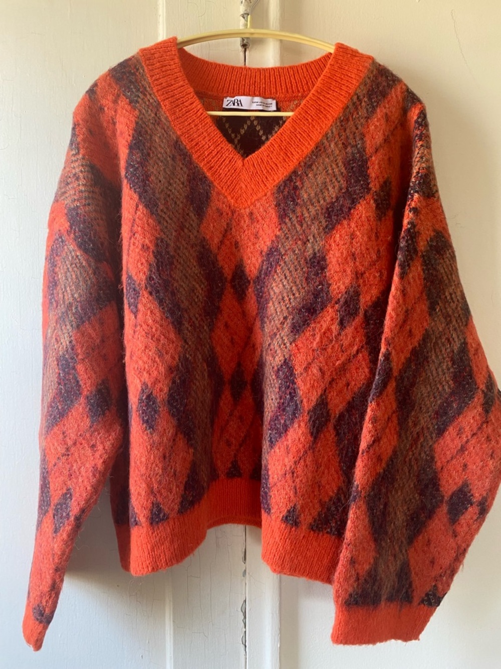 Zara Orange Argyle V-Neck Sweater oversized